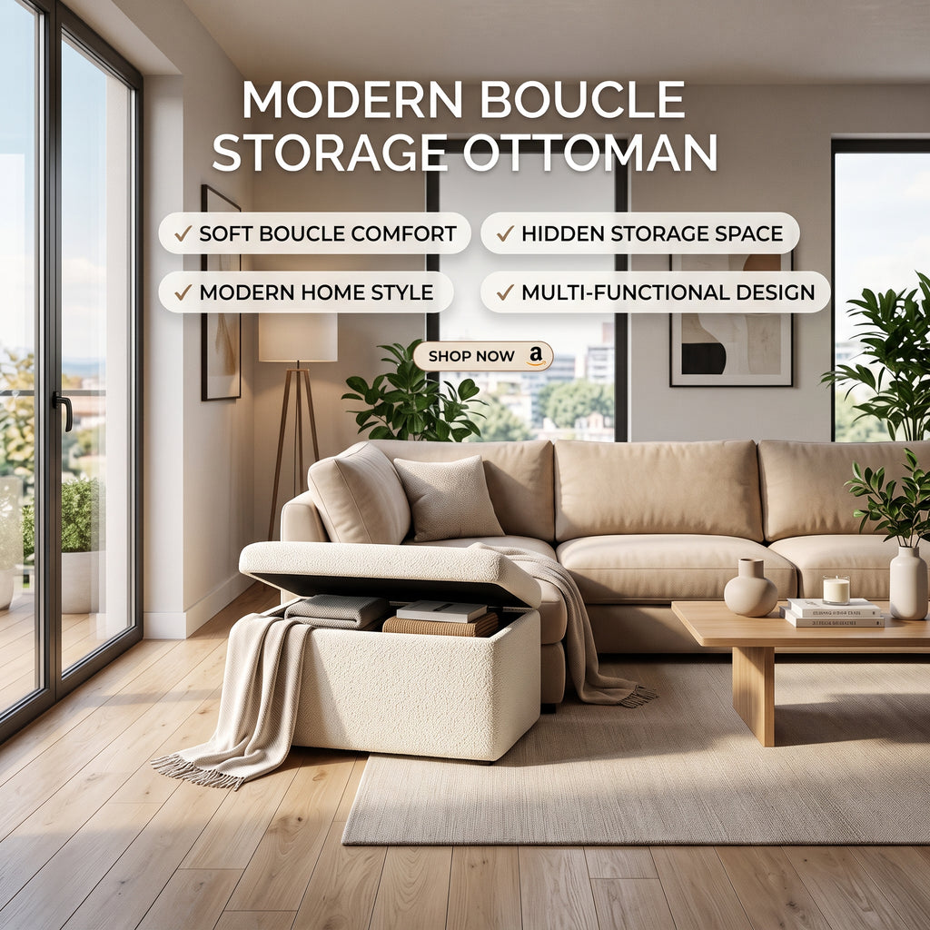 Luna Boucle Storage Ottoman – Soft Modern Accent Seat with Hidden Compartment for Elegant Living Spaces