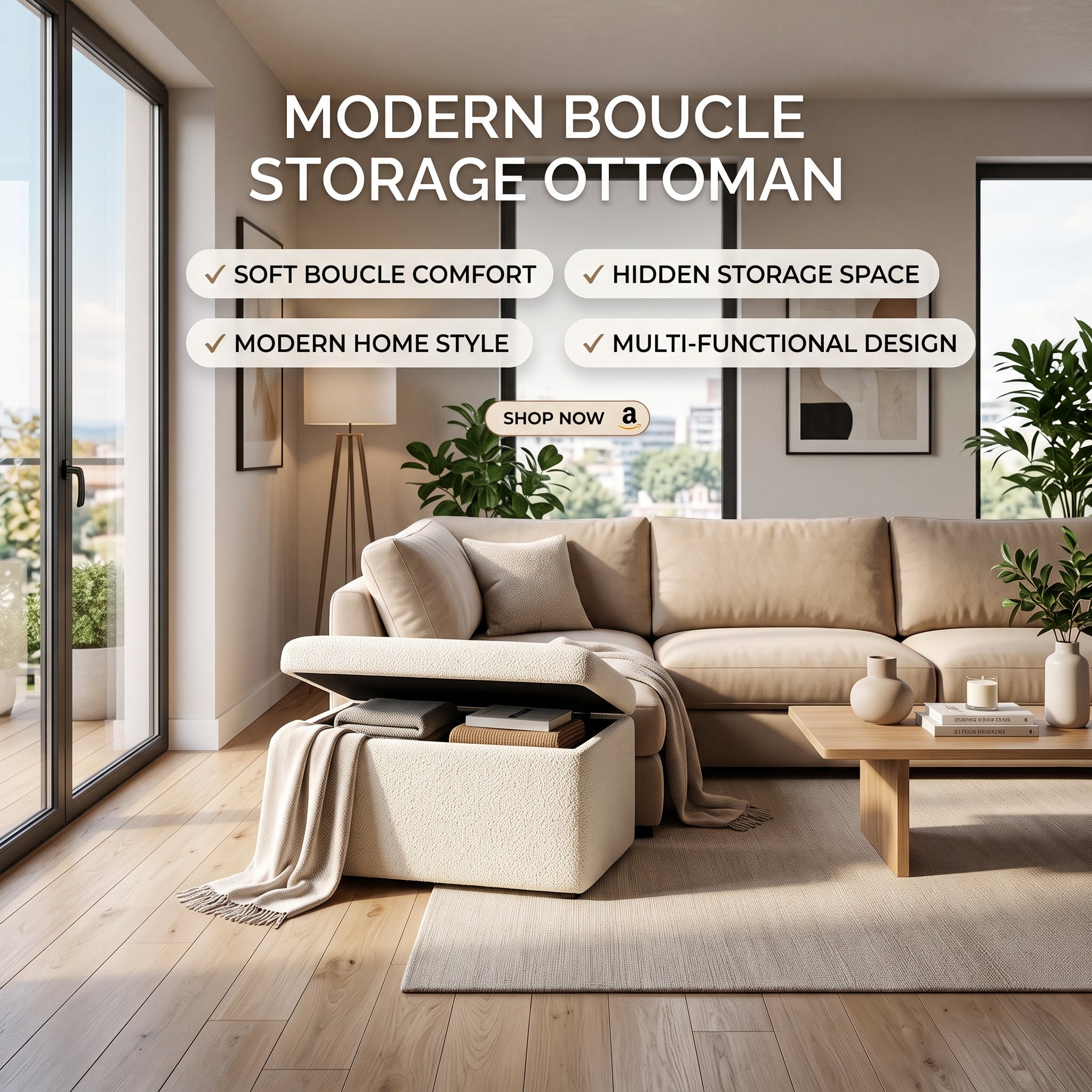 Luna Boucle Storage Ottoman – Soft Modern Accent Seat with Hidden Compartment for Elegant Living Spaces
