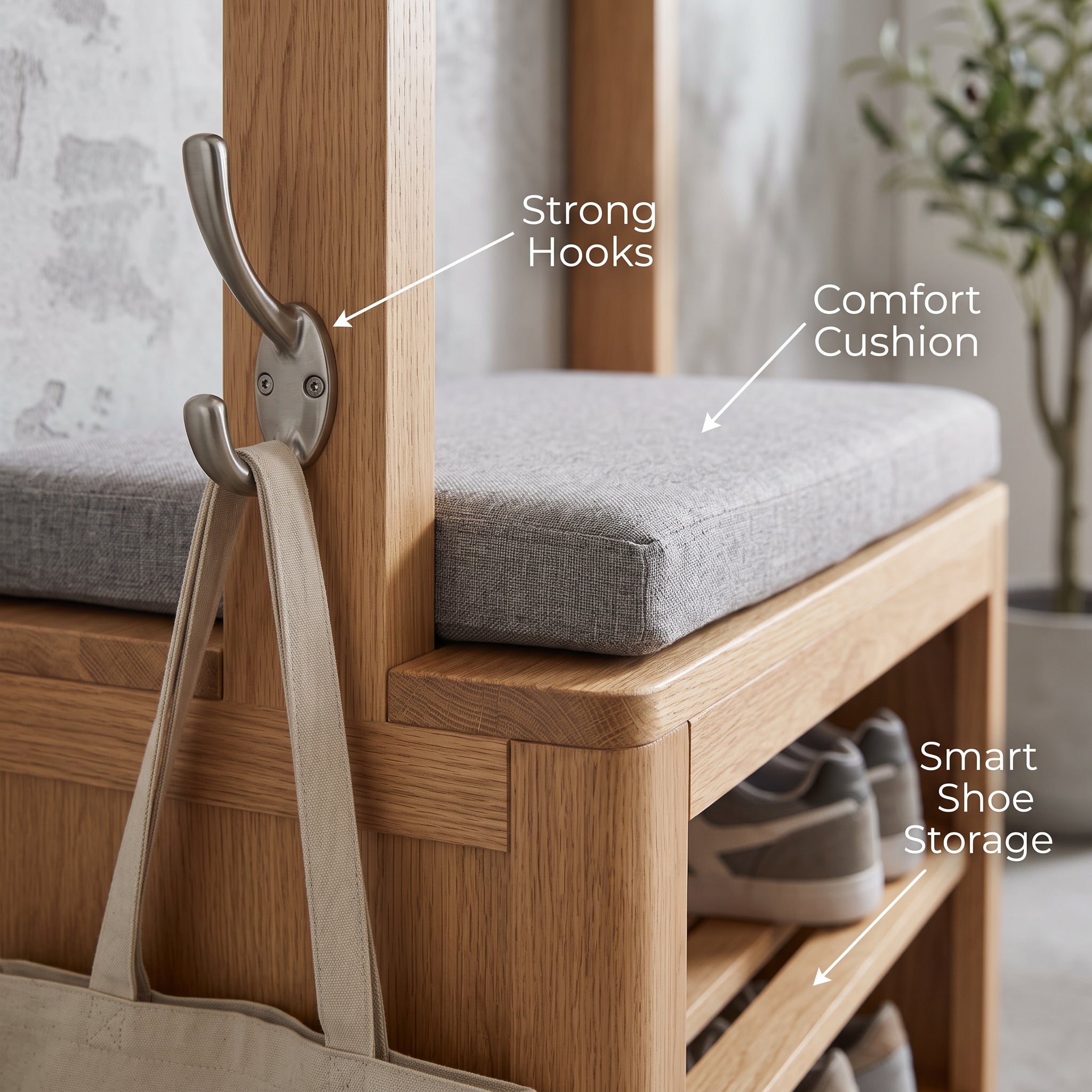 Haven Entryway Storage Bench – Functional Hall Tree with Coat Hooks, Shoe Storage and Modern Farmhouse Style
