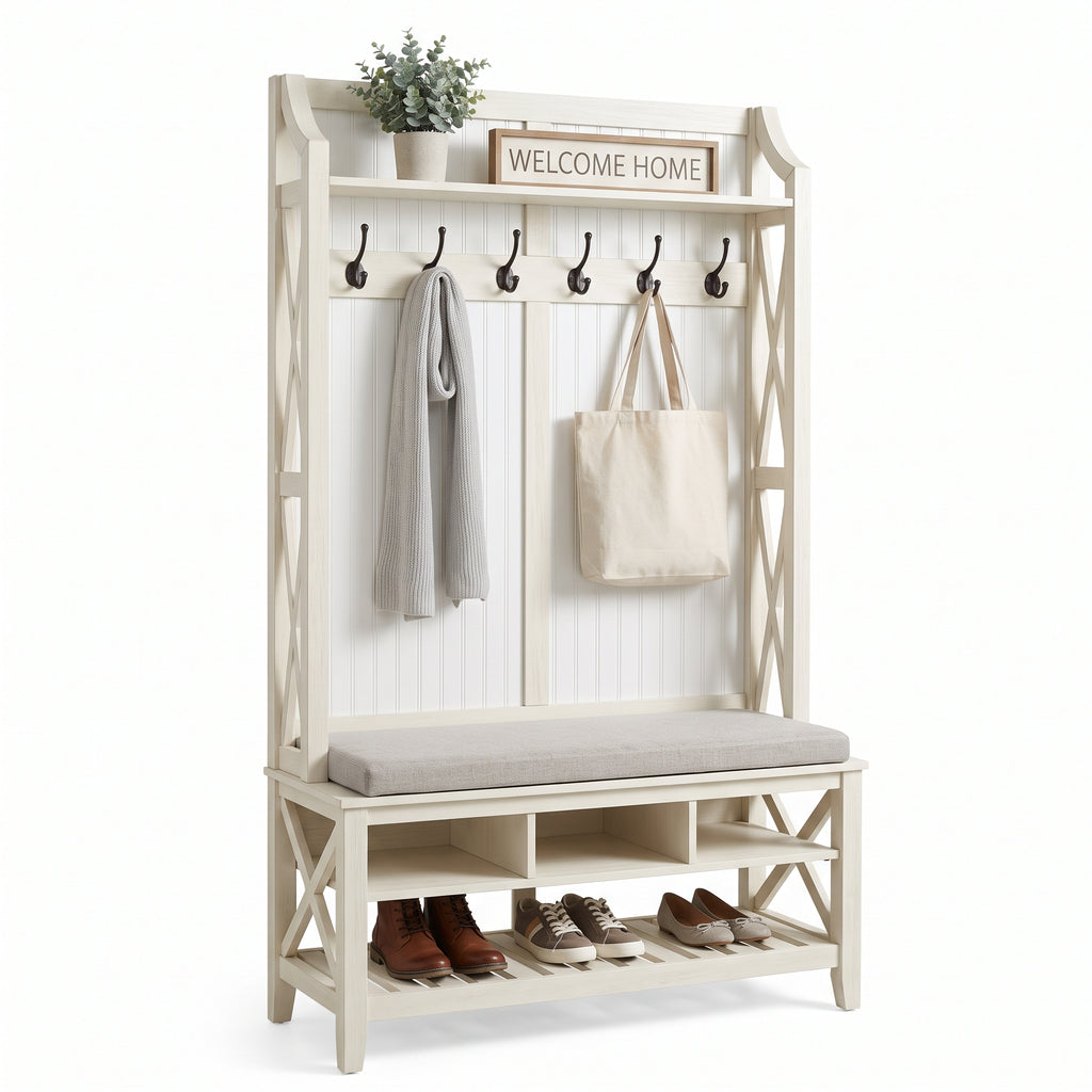 Haven Entryway Storage Bench – Functional Hall Tree with Coat Hooks, Shoe Storage and Modern Farmhouse Style