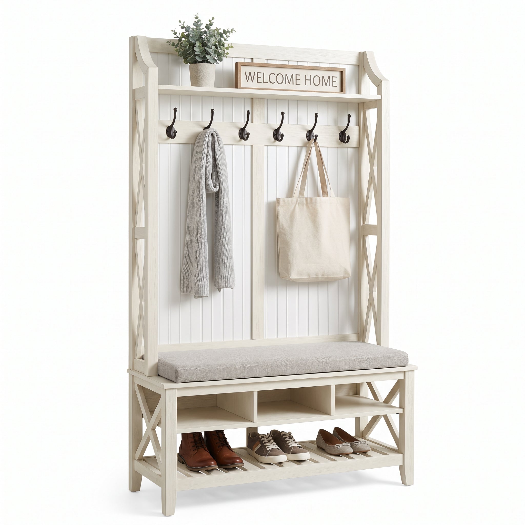 Haven Entryway Storage Bench – Functional Hall Tree with Coat Hooks, Shoe Storage and Modern Farmhouse Style