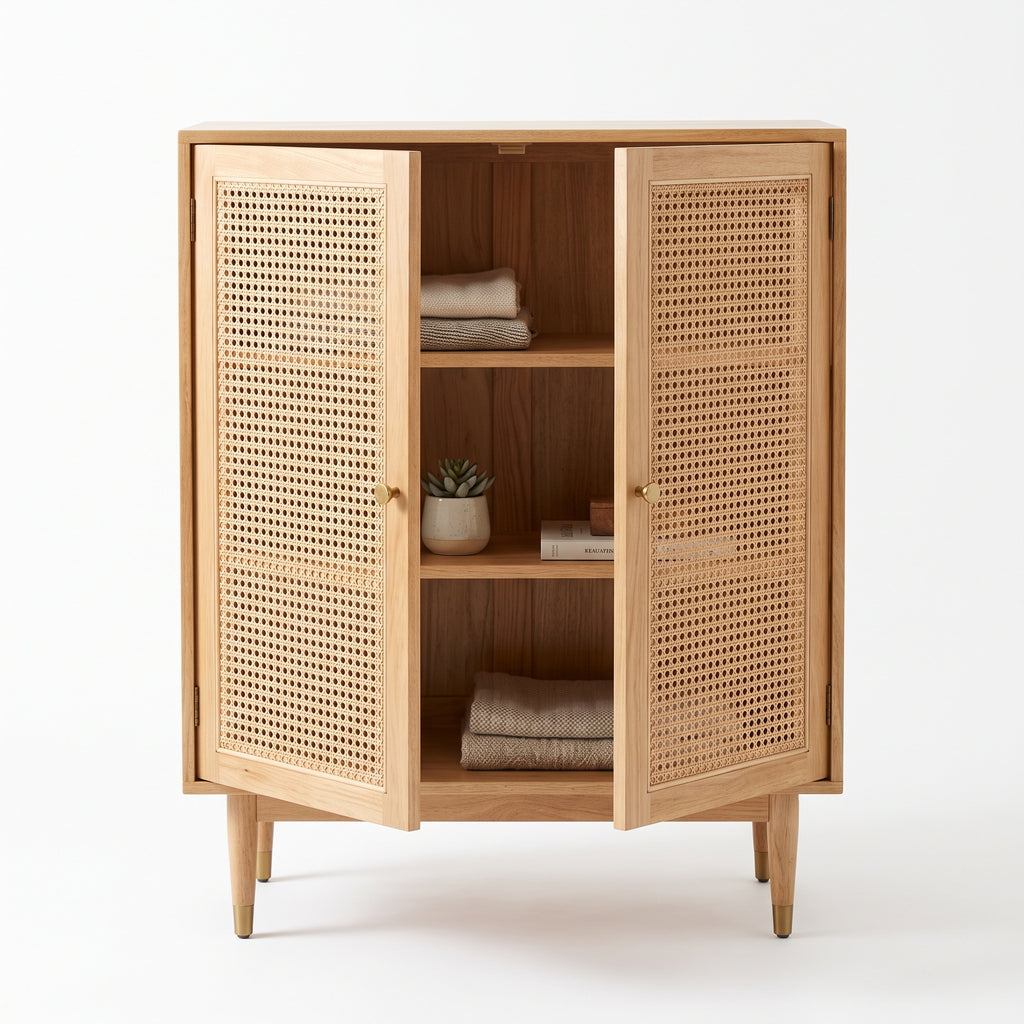 Solara Rattan Cabinet – Organic Modern Storage Furniture with Natural Woven Doors and Warm Design